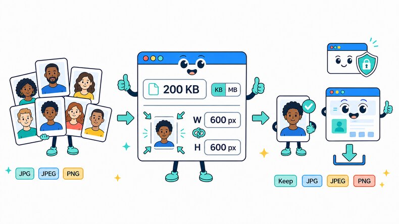 ID photo compressor for target KB size and pixel dimensions
