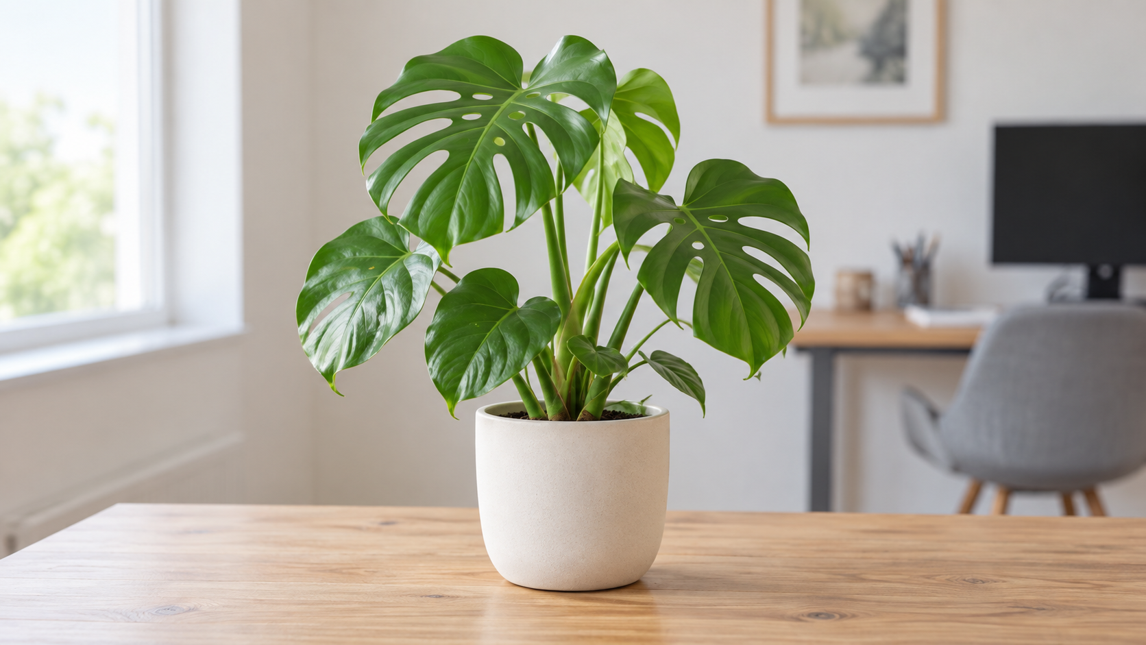 Original photo of a potted monstera plant in a home office